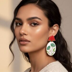 2/$30🌵 Red Floral Enamel Earrings Vintage Style Zara Flower White Jewelry NEW